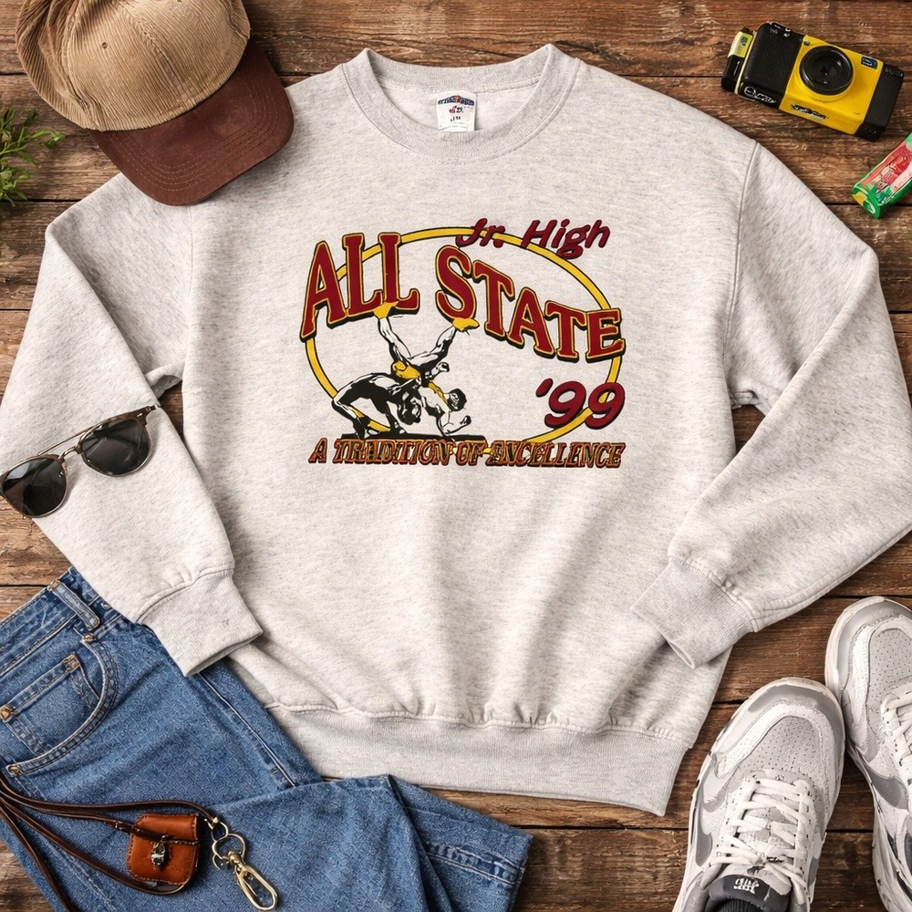 Vintage 1999 Jr High All State Sweatshirt Heather Gray Crewneck Graphic 90s Y2K